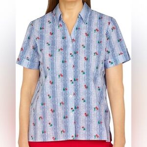 Alfred Dunner White and Blue Button Down Shirt Cherry Size PM